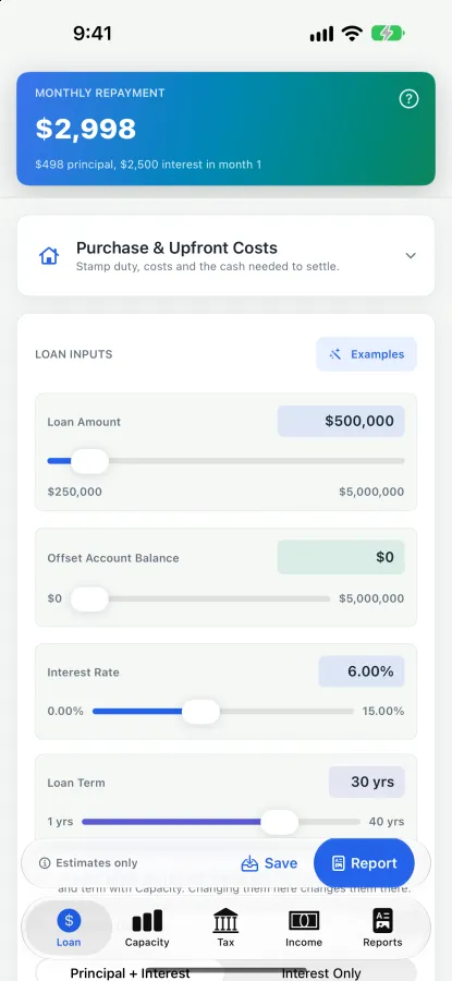 The Loan tab: a monthly repayment of $2,998 above the loan amount, offset balance, interest rate and term.