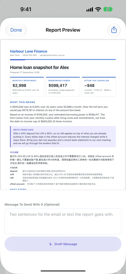A report preview for a sample client, under a sample brokerage's name: monthly repayment, borrowing power and after-tax cash flow on the first page.