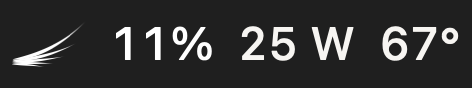 The menu-bar glyph: the wing mark followed by CPU percentage, wattage and temperature.