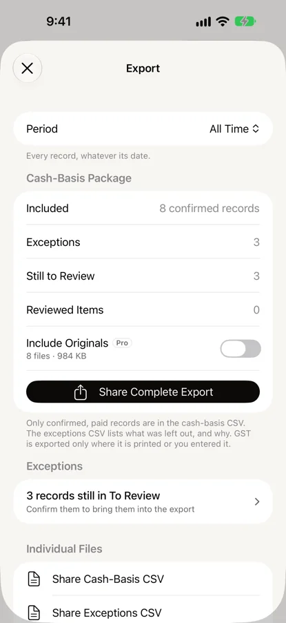 Export for all time: eight confirmed records included, three exceptions, three still to review, and Share Complete Export.
