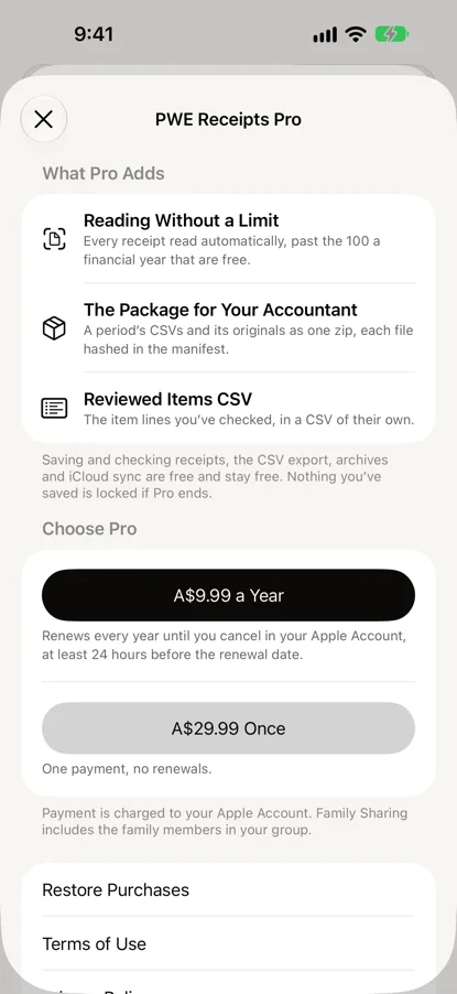 The PWE Receipts Pro page: what Pro adds, and the yearly and one-time choices.