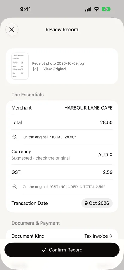 Review Record for a sample cafe receipt: the total 28.50 and the GST 2.59, each with the line it was read from on the original, and Confirm Record below.
