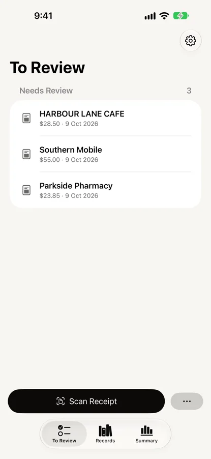 To Review: three sample receipts waiting, each with its amount and date, and Scan Receipt below.