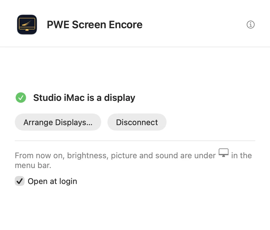 The Mac app after the first connection: Studio iMac is a display, with Arrange Displays, Disconnect and Open at login.