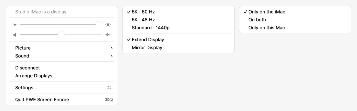 The menu-bar menu with brightness and volume sliders, and its Picture and Sound submenus open: 5K at 60 Hz, Extend Display, sound only on the iMac.