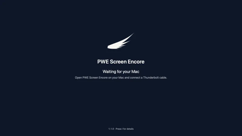 The iMac's screen while it waits: the PWE wing, the name PWE Screen Encore, and “Waiting for your Mac”.